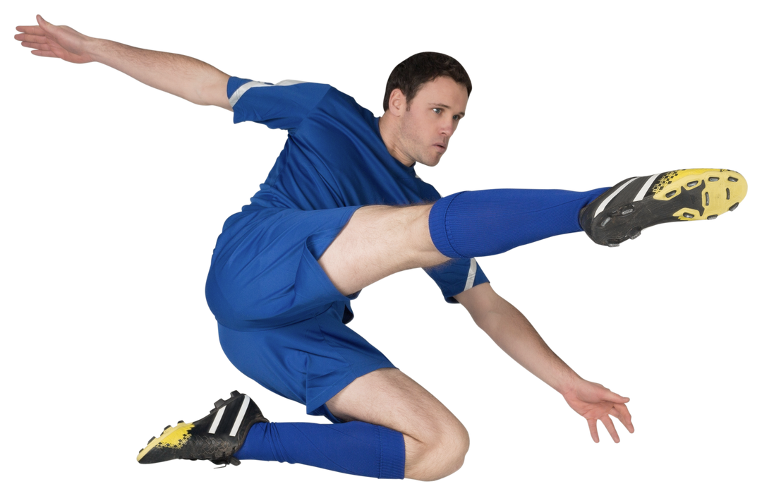 Football Player in Blue Uniform Performing Powerful Kick on Transparent Background - Download Free Stock Images Pikwizard.com