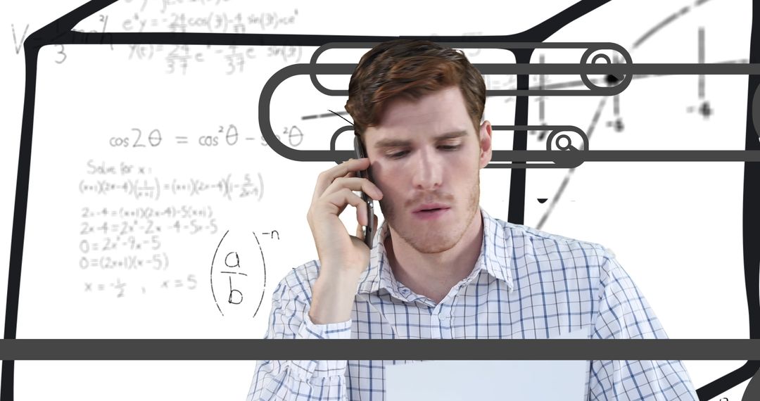 Businessman Problem-Solving with Smartphone and Math Symbols