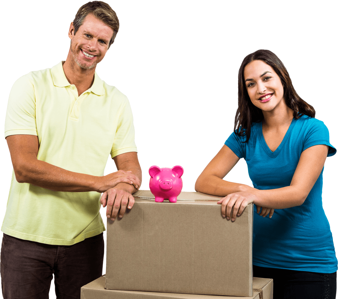 Smiling Couple with Piggy Bank on Cardboard Boxes Transparent Background