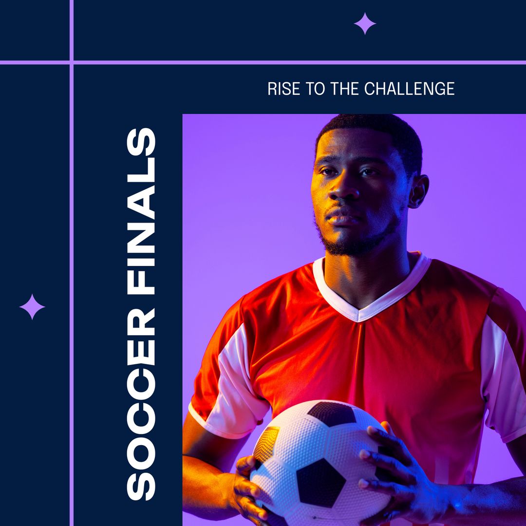 Focused Soccer Player Holding Ball with 'Soccer Finals' Text