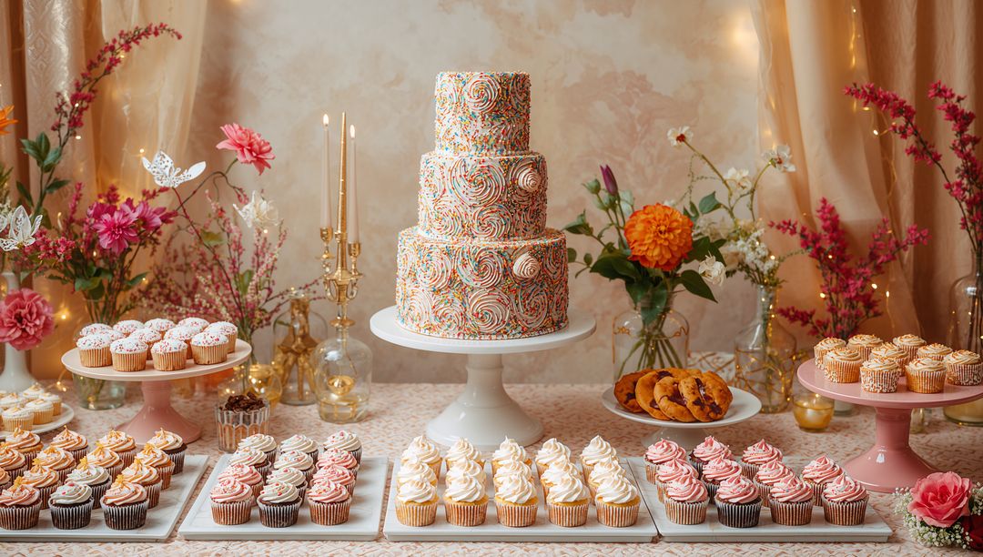 Elegant Dessert Display with Sprinkled Cake and Cupcakes