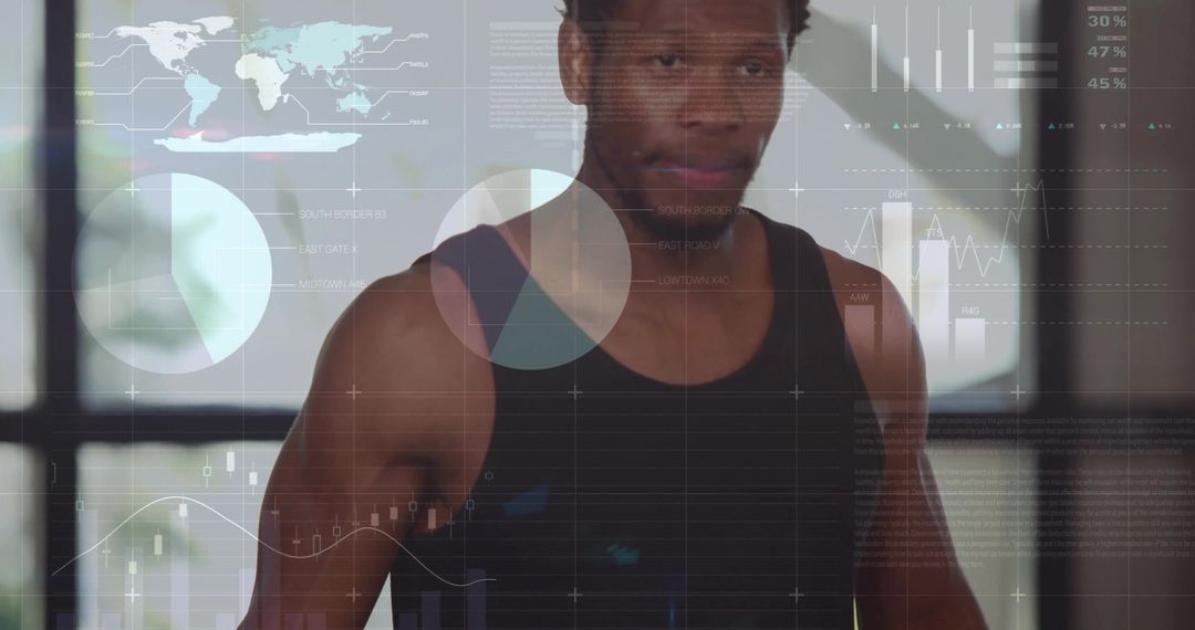 Athlete in Gym with Futuristic Data Visualization Overlays