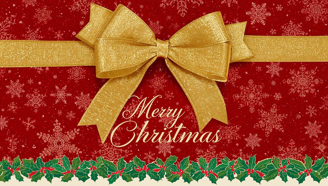 Luxurious Gold Bow and Wide Ribbon Featuring Merry Christmas Script with Holly Border