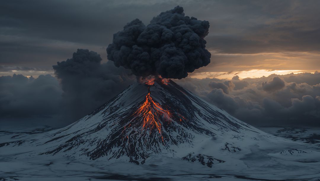 Erupting Volcano with Lava Flows Against Sunset Sky