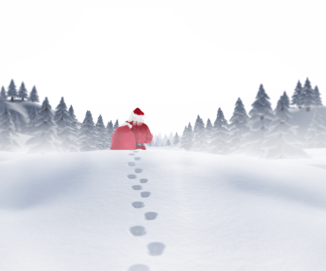 Transparent Santa Winter Scene with Snowy Footprints and Gifts