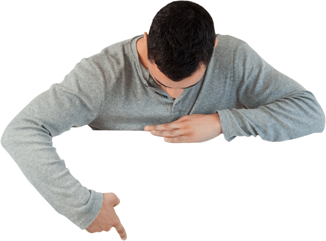 Transparent Young Man Presenting Invisible Object Downward