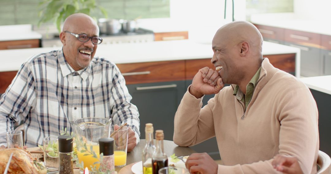 Two Senior Men Enjoying Meal at Home, Sharing Laughter - Free Images, Stock Photos and Pictures on Pikwizard.com