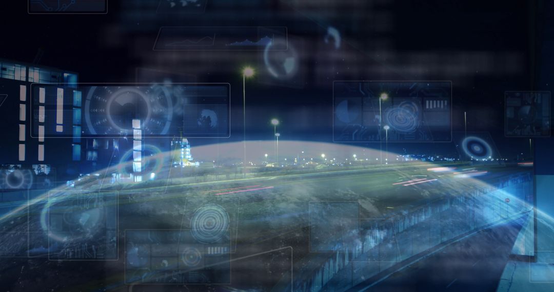 Futuristic Digital Interface with Cityscape Horizon