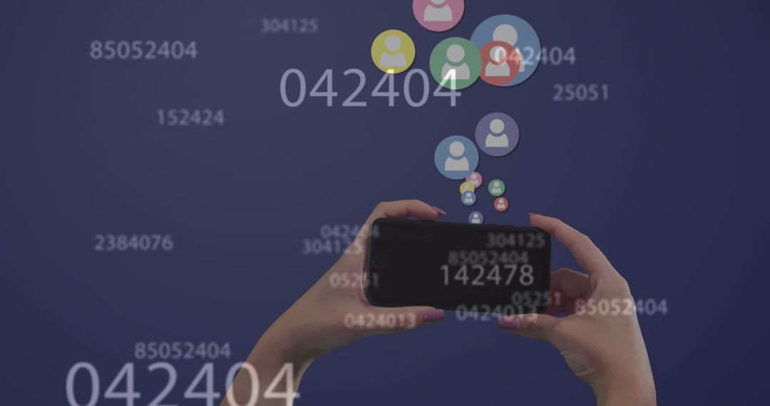Hands Holding Smartphone with Floating Social Media Reactions and Numbers