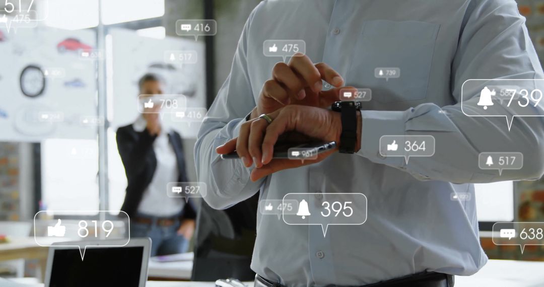 Caucasian Businessman Engaging with Digital Notifications on Smartwatch