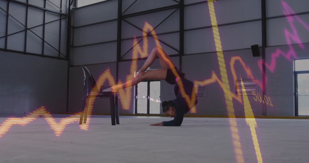 Contortionist Balancing in Industrial Space with Neon Graph Overlays