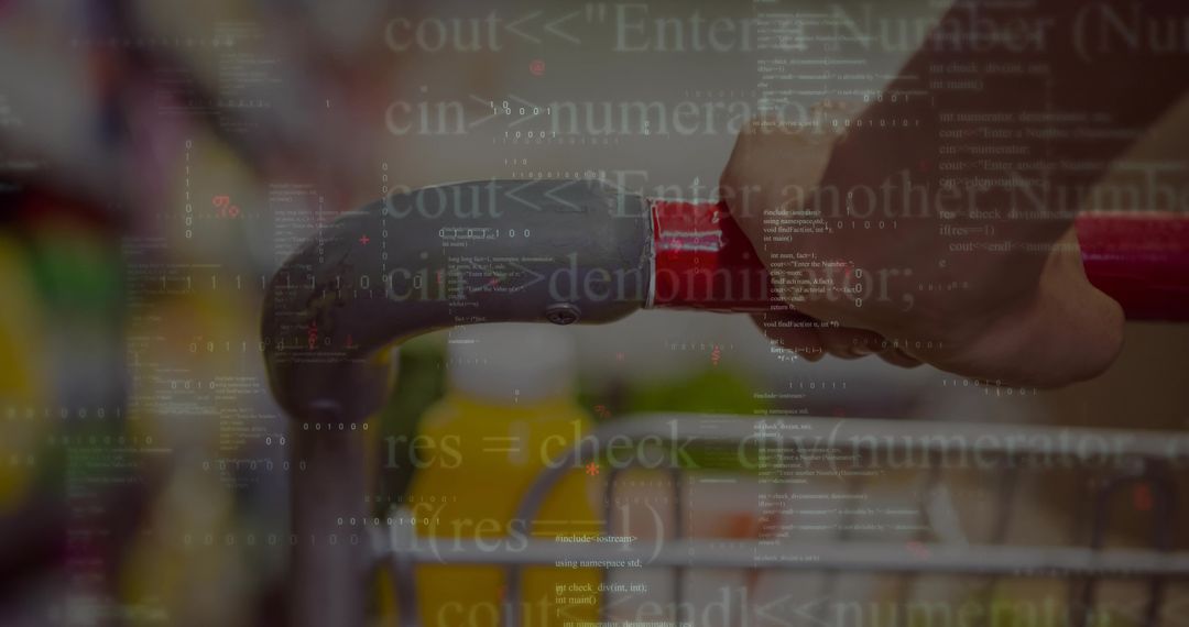 Hand Holding Shopping Cart with Digital Code Overlay