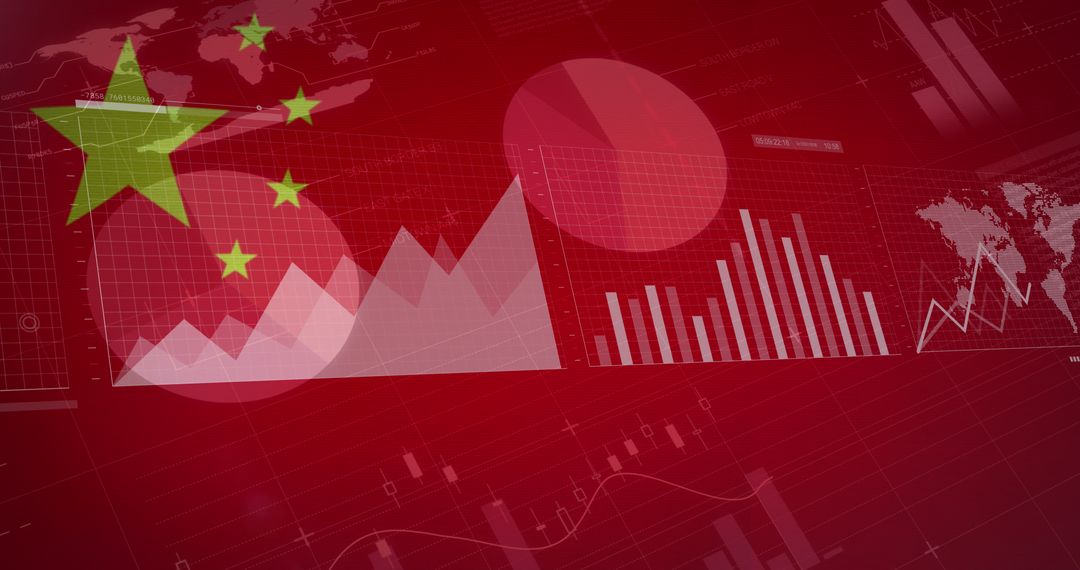 Financial Charts and Global Map Overlaid on Chinese Flag