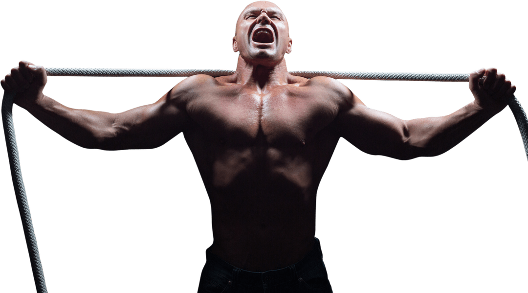 Transparent Background: Muscular Man Yelling and Holding Rope in Tense Pose
