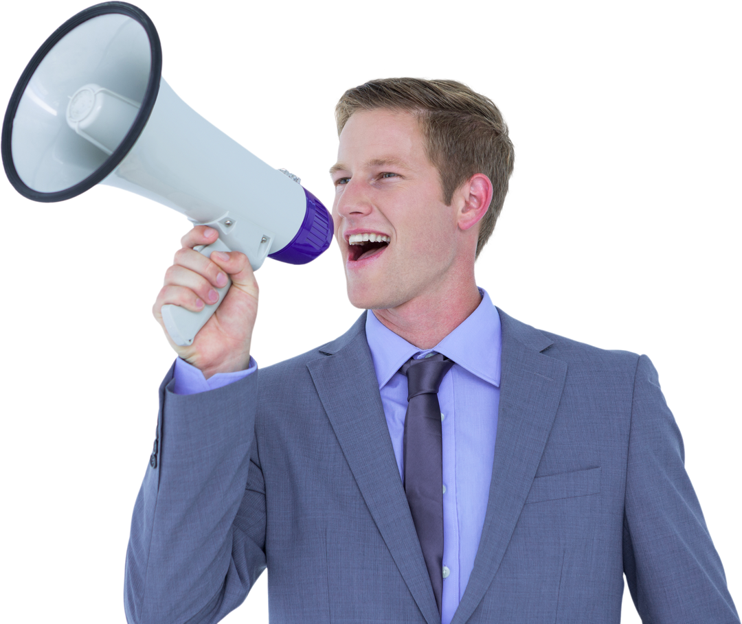 Transparent cheerful businessman holding megaphone in hand - Download Free Stock Images Pikwizard.com