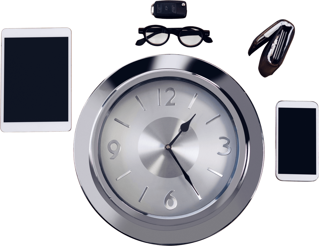 Transparent Office Essentials with Wall Clock and Gadgets