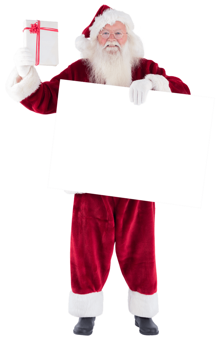 Transparent Santa Claus Holding Gift and Blank Signboard