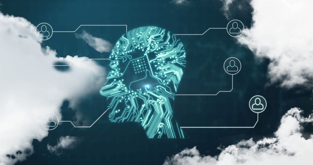 Digital Human Head with Network Icons in the Clouds