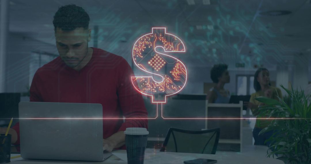 Hispanic Man Typing at Office Desk with Neon Dollar Sign