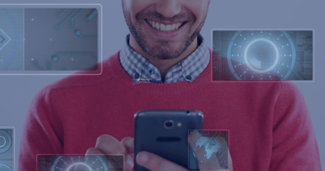 Smiling man using smartphone with futuristic HUD and augmented reality overlays