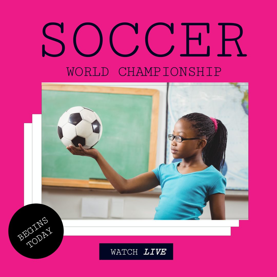 Young Girl Balancing Soccer Ball Promoting World Championship - Download Free Stock Templates Pikwizard.com