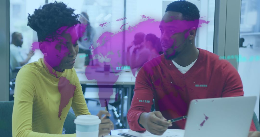 Businesspeople Collaborating with Digital World Map Interface