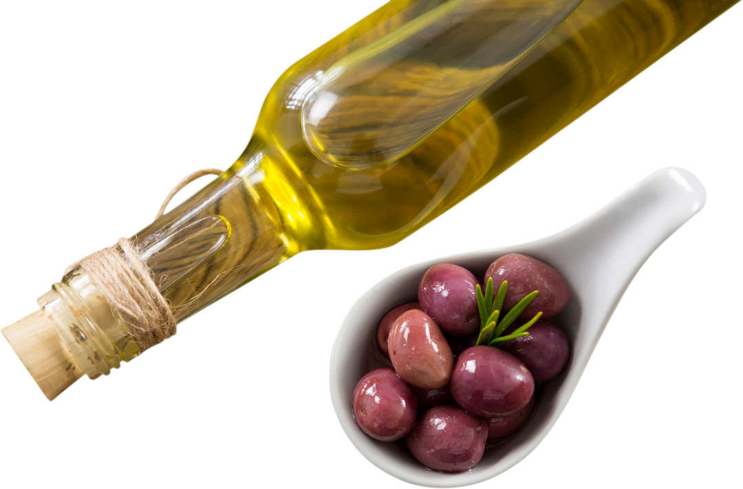 Transparent Bottle of Olive Oil with Bowl of Marinated Olives - Download Free Stock Images Pikwizard.com