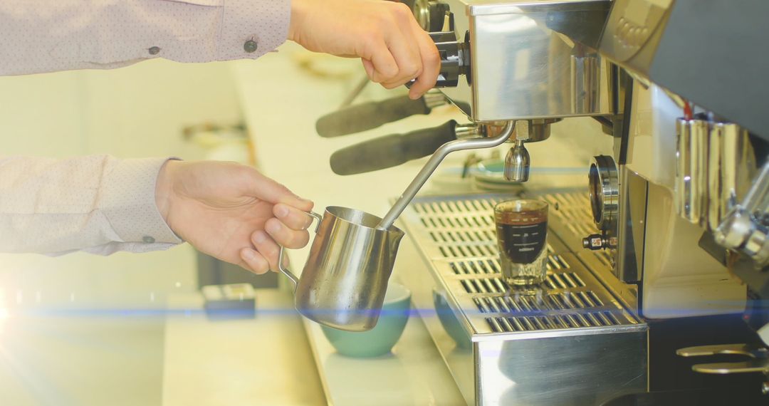 Barista Making Espresso with Machine Producing Steam