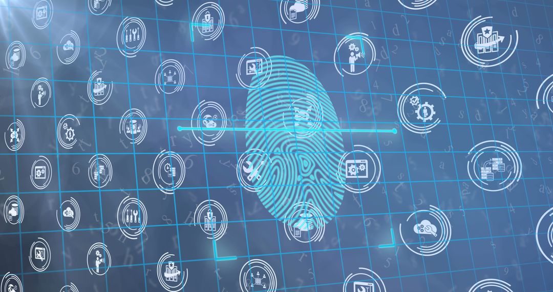 Biometric Fingerprint with Digital Interface Icons on Blue Grid
