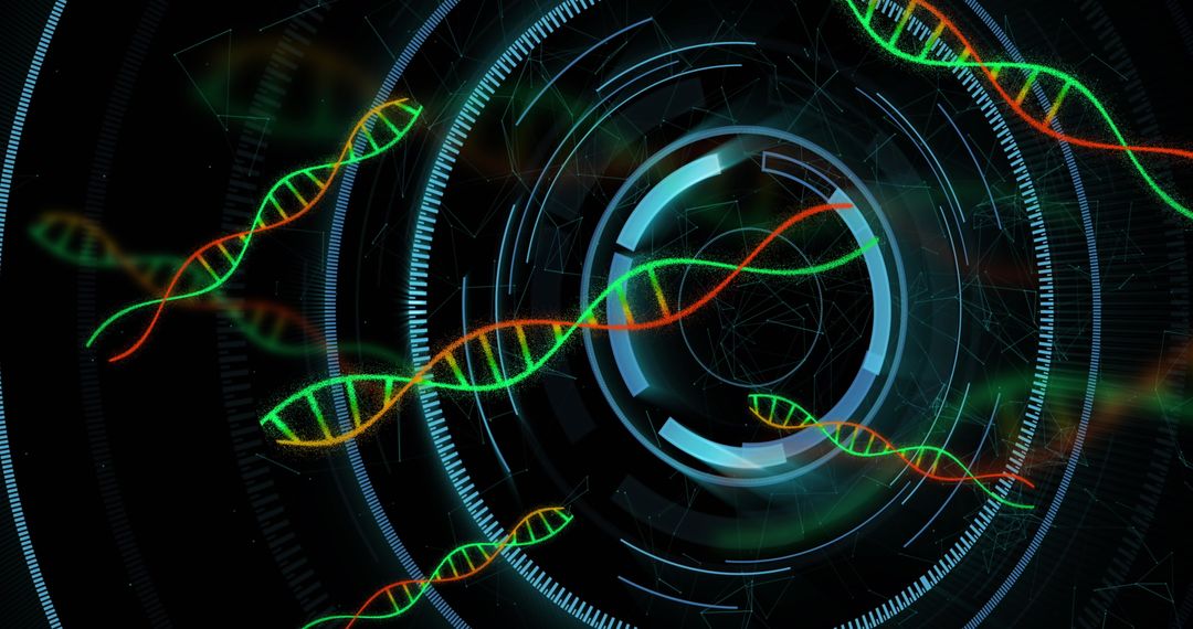 Futuristic DNA Helix with Digital Technology Interface