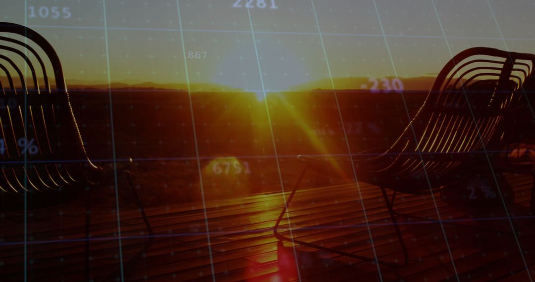 Dusk on Rooftop Deck with Sun and Wireframe Chairs