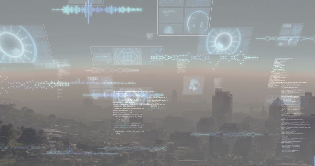 Futuristic Digital Data Interface Over City At Dusk