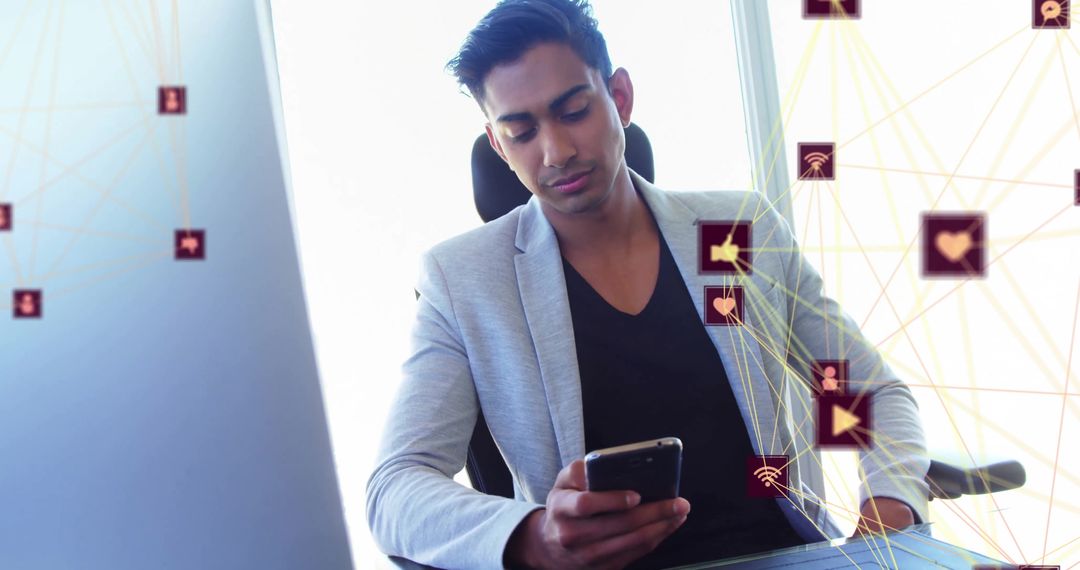 Young Professional Utilizing Smartphone with Global Connectivity