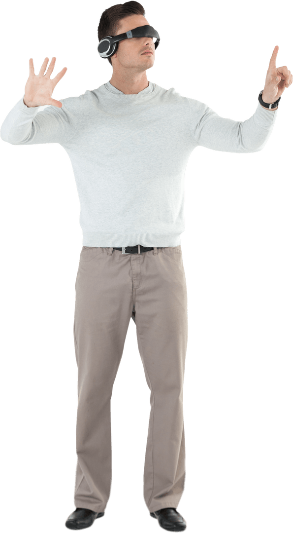 Man Interacting in AR with Headset on Transparent Background