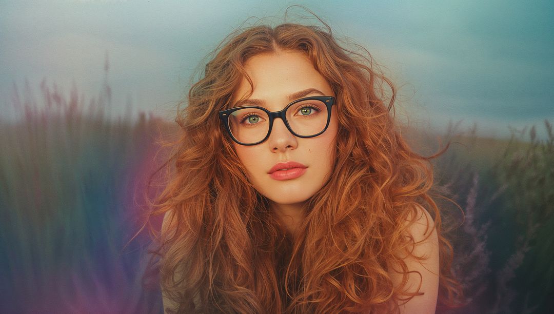Red-Haired Woman with Glasses Relaxing in Meadow
