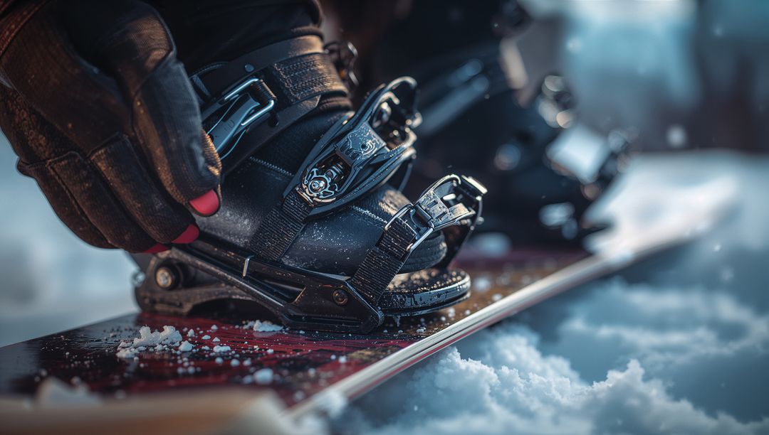 Snowboarder Securing Binding on Snowy Slope