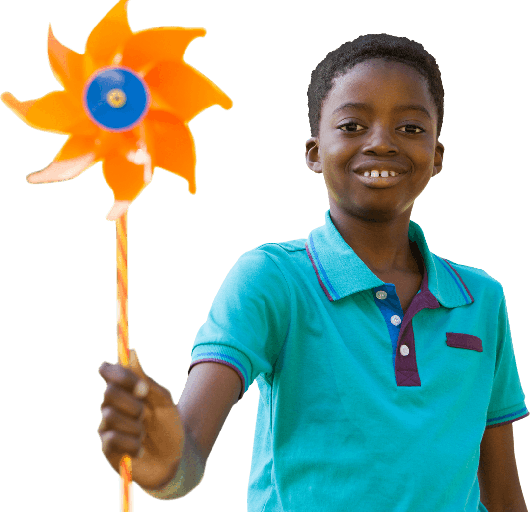 Joyful Child Holding Colorful Pinwheel on Transparent Background