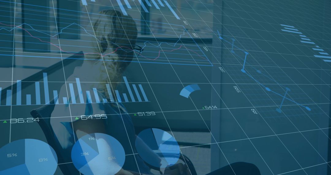 Businesswoman Studying Data Visualization on Tablet with Holographic Financial Charts