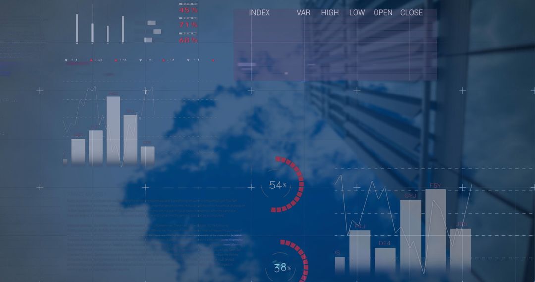 Digital Infographic Interface Over Modern Skyscraper with Cloudy Sky