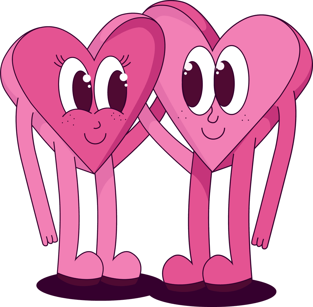 Adorable Pink Heart Characters Holding Hands on Transparent Background