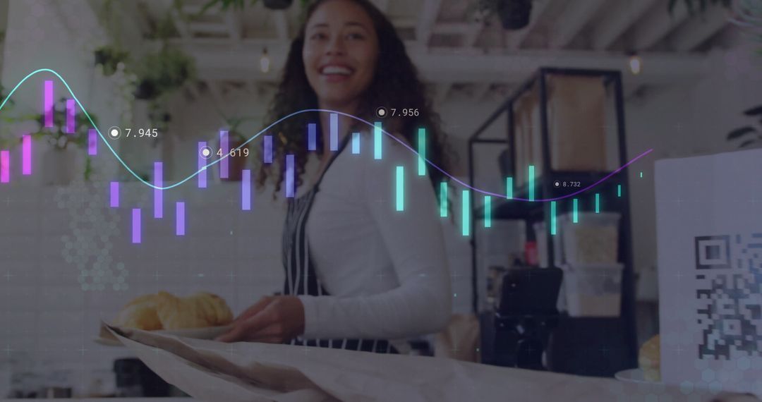 Barista in Cafe with Digital Stock Market Chart Overlay