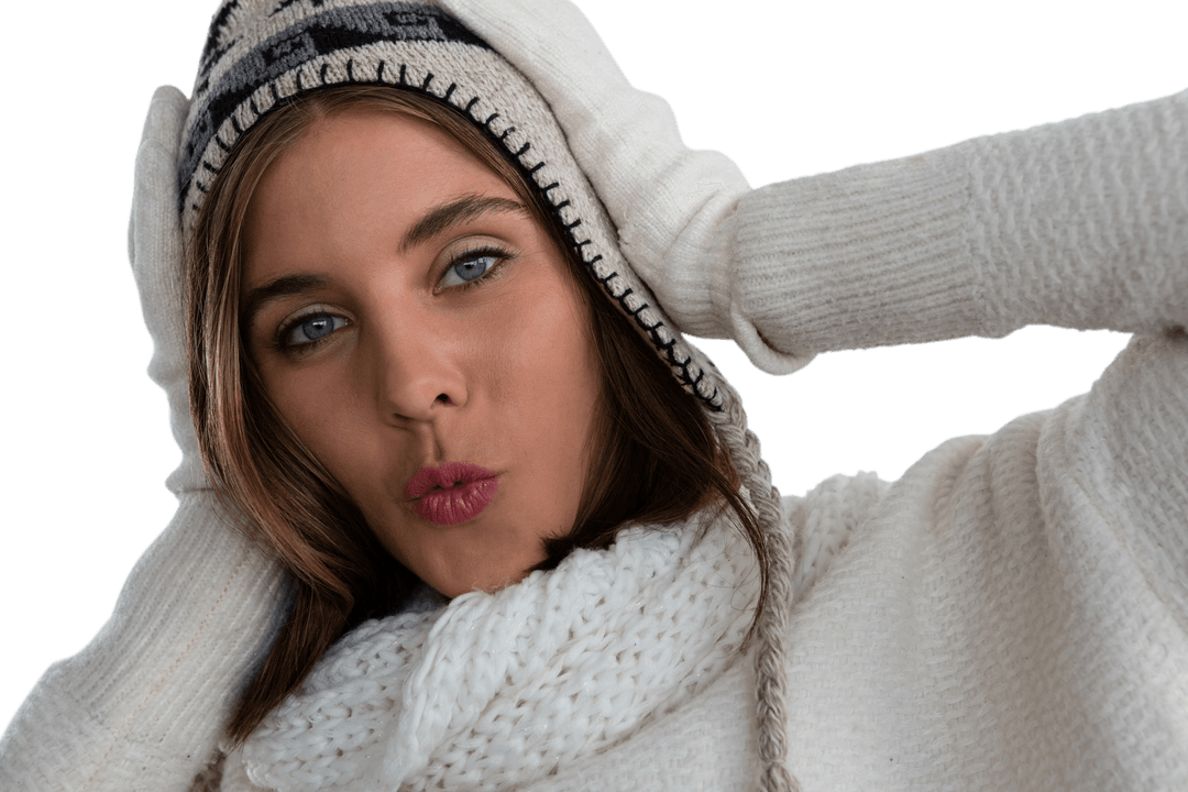 Cozy Woman in Woolen Knit Hat and Scarf, Transparent Background