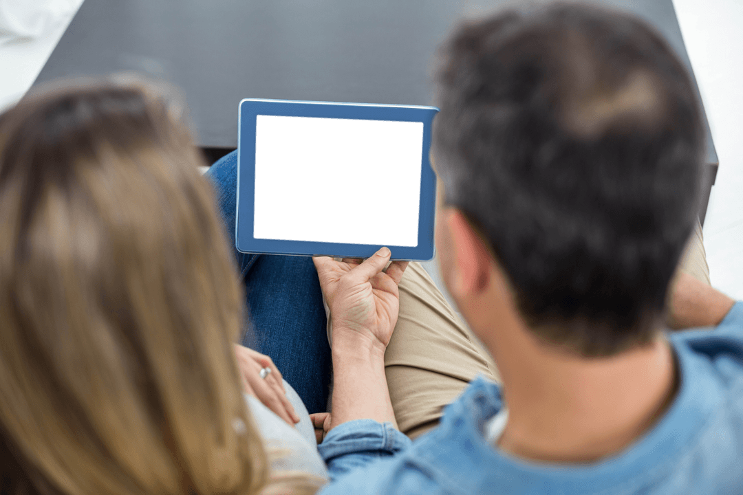 Couple Watching Digital Tablet with Blank Transparent Screen