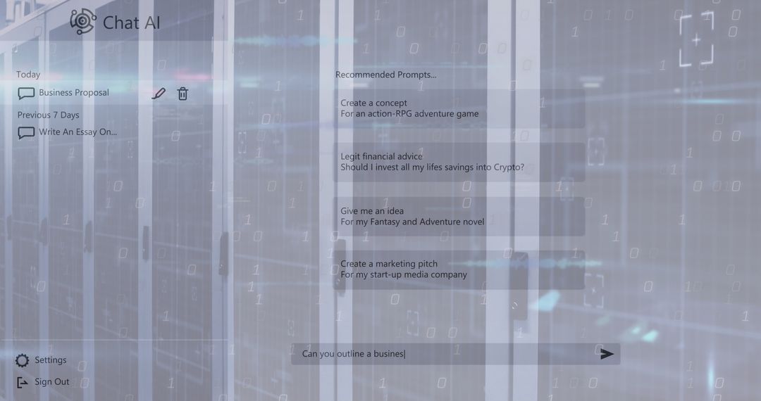 Ai chat interface with white grid overlay in data center