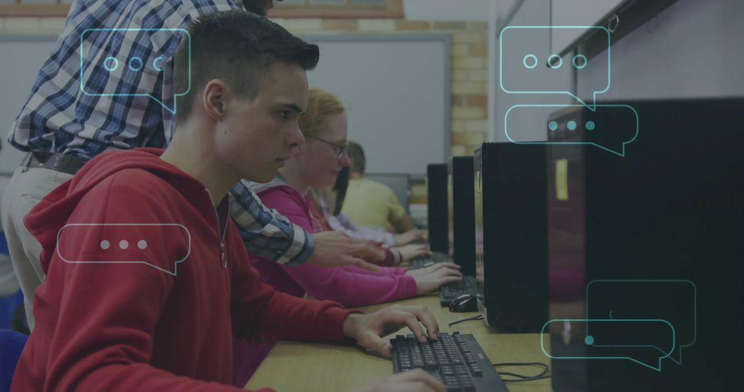 Students Learning AI in Computer Lab with Digital Illustrations