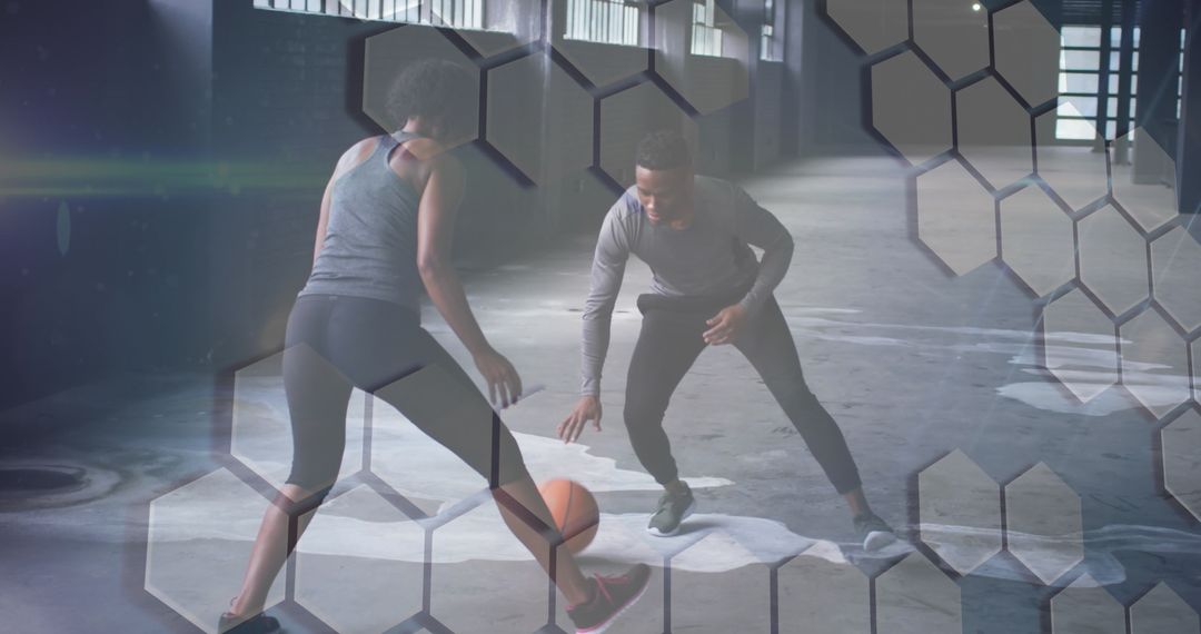 Dynamic Basketball Training with Futuristic Grid Overlay