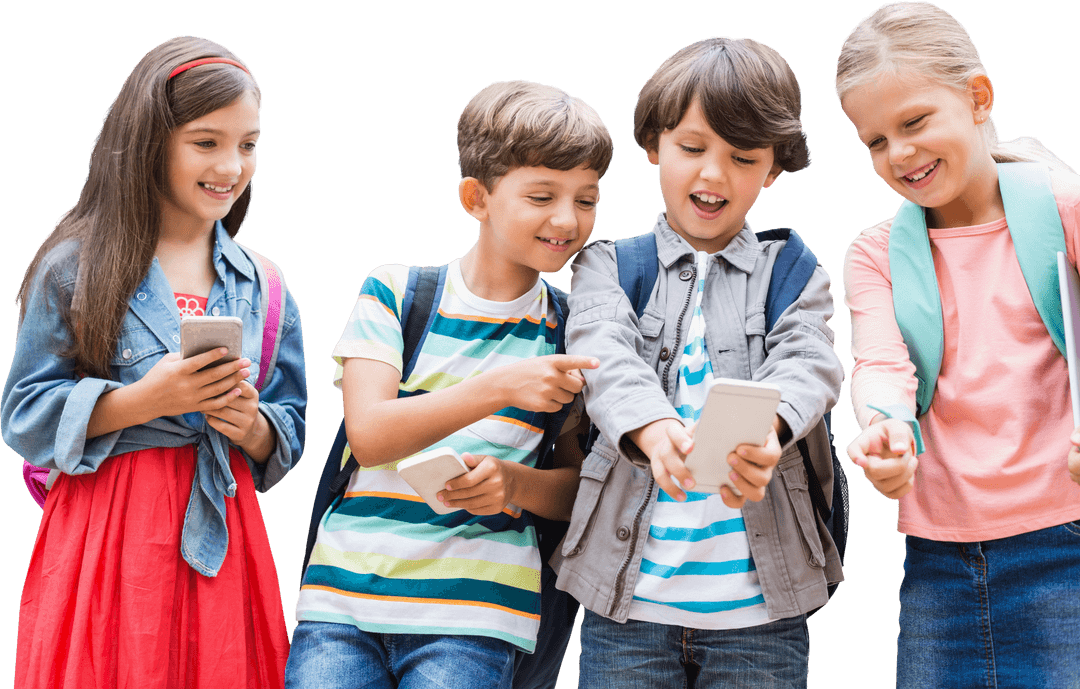 Joyful Children Vying for Screen View Time Holding Gadgets