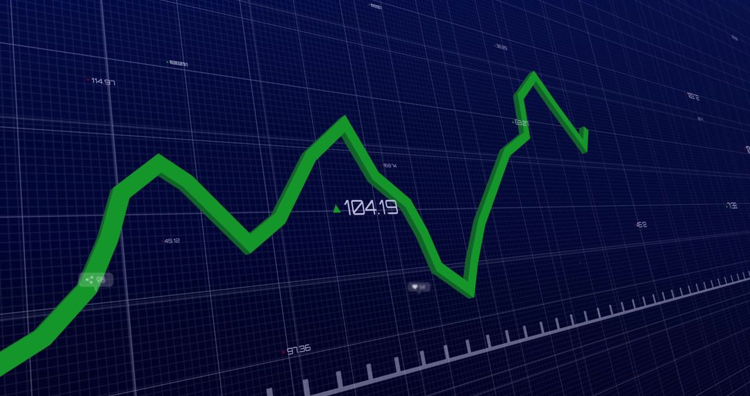 Green Line Graph on Digital Grid Displaying Market Trends