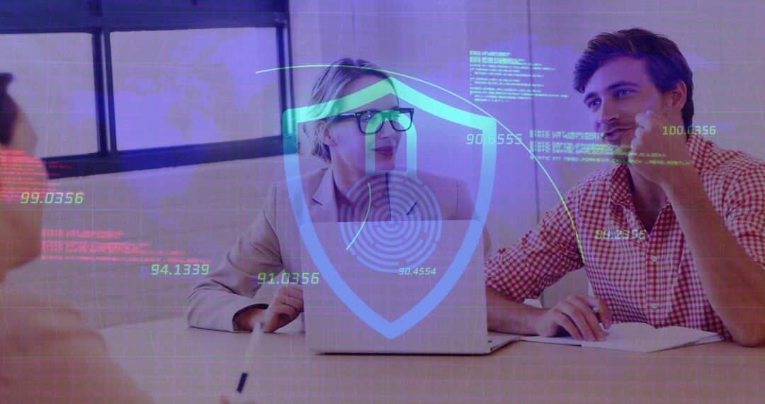 Digital Encryption Shield Over Business Colleagues in Office