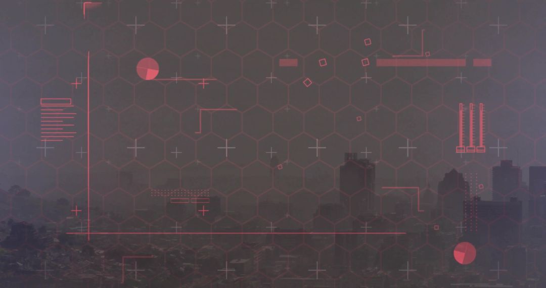 Urban Skyline with Futuristic Digital HUD Overlay at Dusk